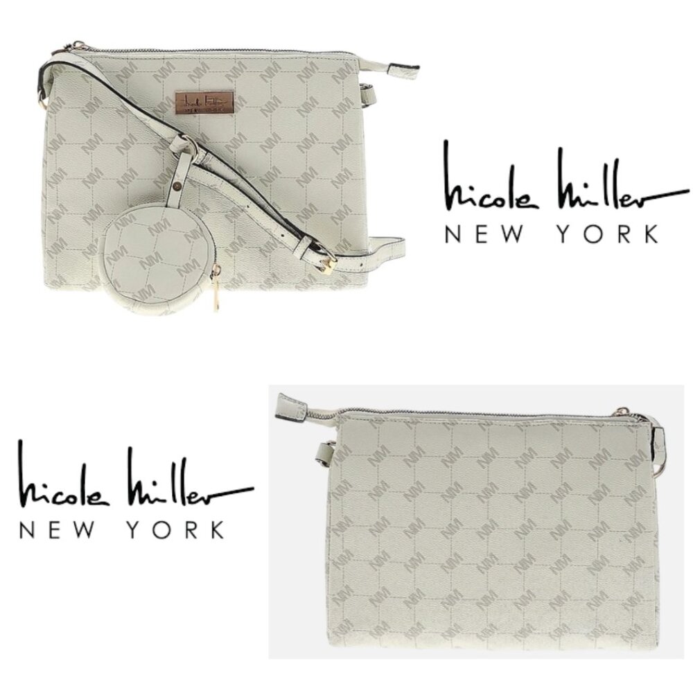 NWT - Nicole Miller White Monogram Crossbody Purse with Coin Pouch